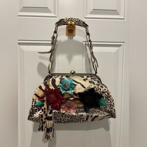 NEW Sharif Couture All Leather Laser Cut 3D Floral Gray Satchel Bag